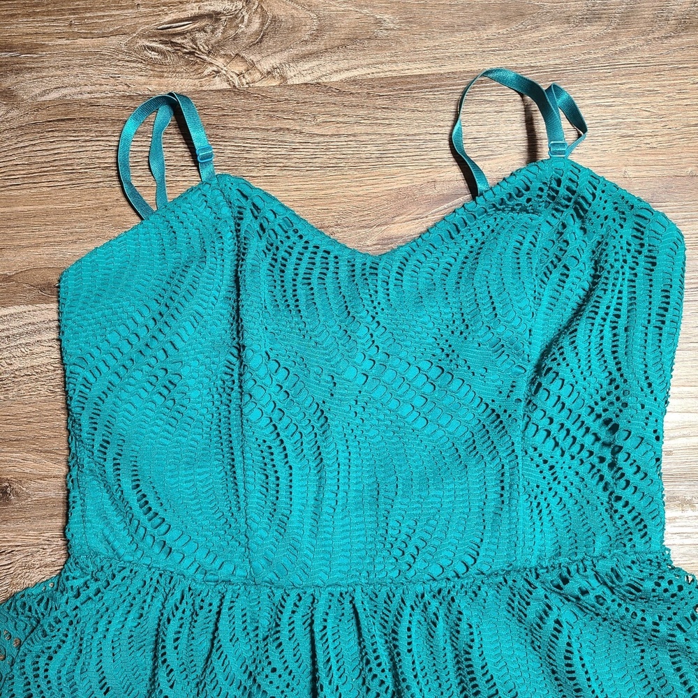Boho MINI DRESS‎ BABYDOLL GREEN Hippie Pixie Fairy Grunge M Lace Over Lay, Liner - Picture 2 of 10